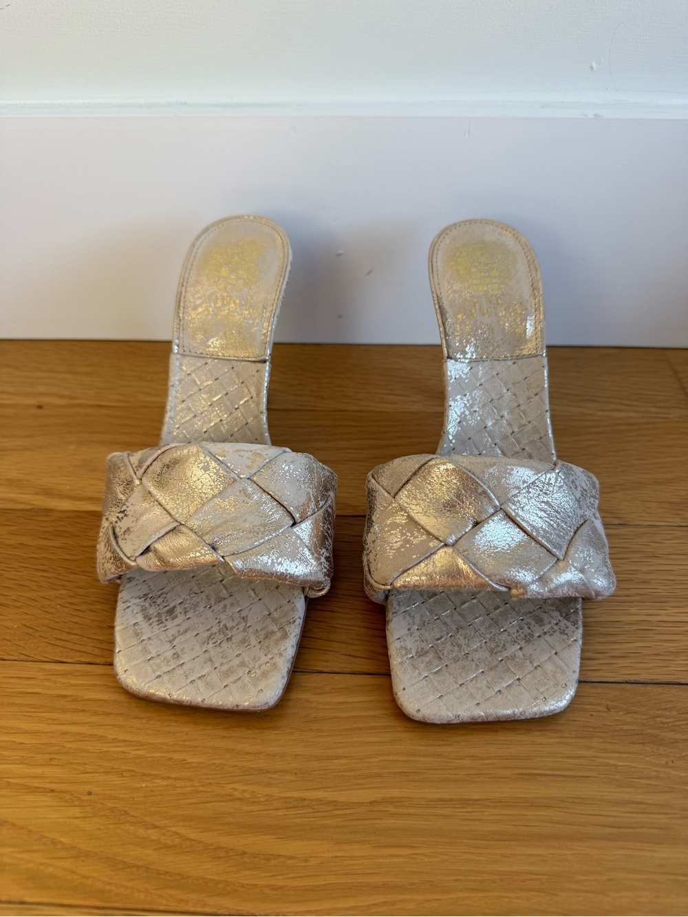 Vince Camuto Braided Metallic Champagne Slide Mules